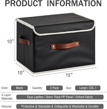 2PCS Storage Bins Box with Lids Decorative PU Leather Fabric Baskets Cubes with Handles PP Plastic Board Foldable Washable Lidded Clothing Shelf Closet Organizer Container (Black, Large)