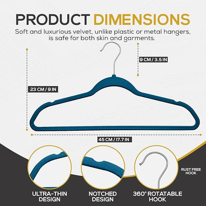 Techzoo Premium Velvet Hangers 50 Pack Ultra Thin Non Slip Adult Felt Space Saving Slim Suit Hanger for Closet Heavy Duty Coat Pants Jackets Dress Hangers 360° Swivel Hook Hold Upto 10 lbs Blue