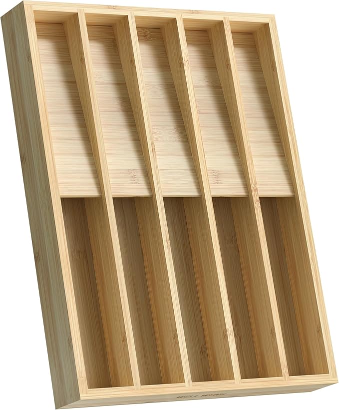 Silverware Organizer, Utensil Drawer Organizer & Cutlery Tray Dividers for Spoons Forks Knives (10 Slot,Natural Bamboo), 16”Dx12.3”Wx1.7”H