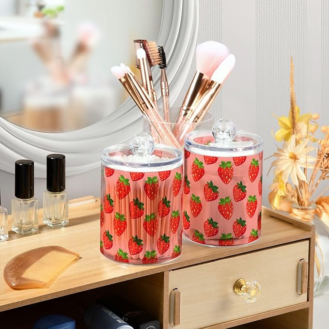 ALAZA 4pcs Cute Fruit Strawberry Qtip Holder Dispenser 14 oz Bathroom Storage Clear Apothecary Jars Containers Cotton Ball,Cotton Rounds,Floss Picks, Hair Clips, Food