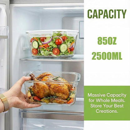 2 Pack Large Glass Food Storage Containers with Lids 85oz/10.5cup Big Airtight Storage Containers for Rotisserie Chicken Meal Prep Leftovers, BPA Free & Leak Proof, Microwave, Oven Safe (transparent)