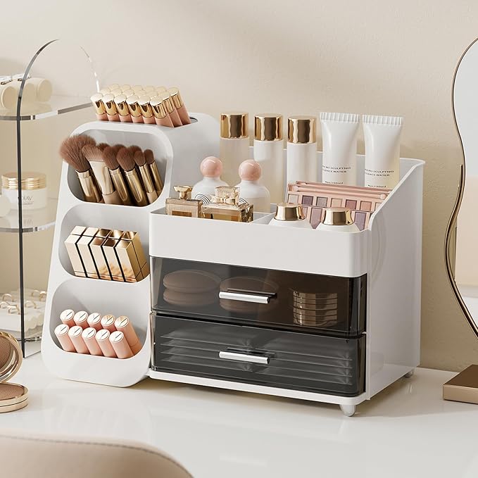 Makeup Organizer for Vanity with Brush Holder, Large Capacity Bathroom Countertop Skincare Organizer with 2 Drawers, Cosmetic Display Case for Perfumes, Eyeshadow Palettes, Nail Polishes