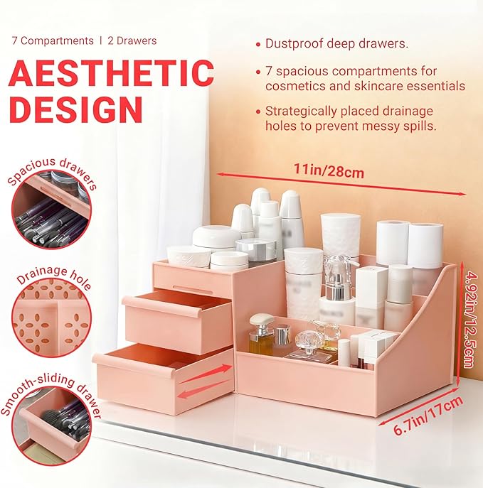 Makeup Organizer with Drawers, Cosmetic Organizer for Vanity Dresser Bathroom Countertop, Large CapacityOrganizer for Skincare, Lipstick, Palettes (Pink-1 Pack)