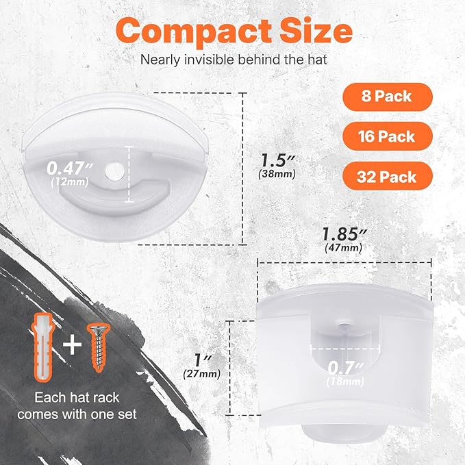 HOUSE DAY Adhesive Hat Hooks for Wall 16 Pack, Strong Hat Rack for Baseball Cap Display Organizer, Hats Hangers Holder for Wall, Door, Closet, No Drilling, Translucent