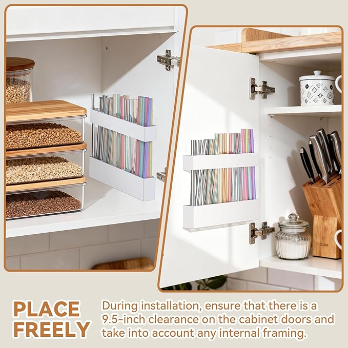 9.5 Inch Cabinet Door Acrylic Straw Holder with Double-Sided Tape, Kitchen Countertop Cabinet Storage Box in (White)