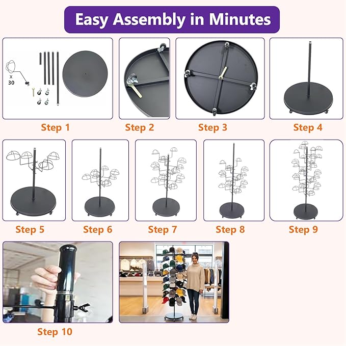 Metal Hats Display Rack with 30 Adjustable Hooks Floor Hat Rack Stand Hat Rack Display for Home Retail Store Hat Organizer Rack for Wig Cap(Black)