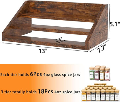 Spice Rack Organizer for Cabinet, Robust Wooden Display Riser Shelf Seasoning Organizer for Countertop Cupboard Pantry, Condiment Jar Kitchen Storage Holder Super Sturdy Stand, Rusitc Brown (3-Tier)