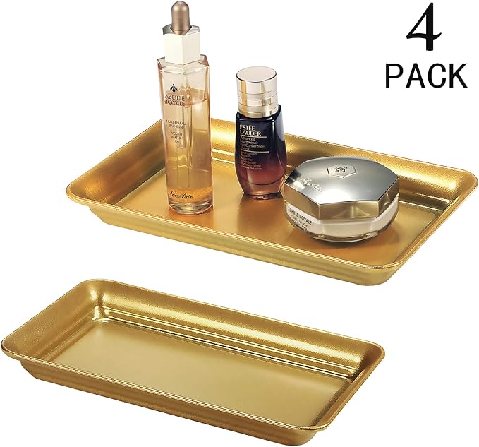 SheeChung Vintage Farmhouse Decor Metal Vanity Tray(4 Pack),Countertop Guest Hand Towel Storage Organizer Tray Dispenser, Sturdy Holder for Perfume,Cosmetics, Jewelry, Makeup Bathroom Organizer (Glod)