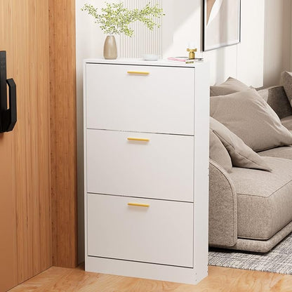 JOZZBY Shoe Cabinet Storage with 3 Flip Drawers for Entryway, White Slim Freestanding Modern Narrow Shoe Organizer Rack Cabinet for Hallway, Living Room, Set of 2