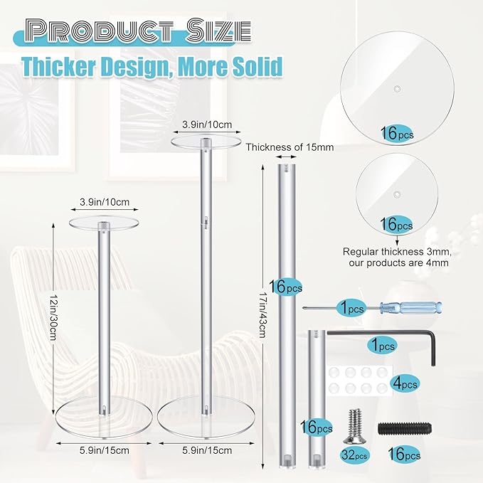 Beeveer 16 Pcs Acrylic Hat Stand 12" to 17" Adjustable Clear Wig Display Rack Nonslip Round Barbell Base Hat Rack Decorative Hat Holder Wig Stand Holder for Hats Watch Jewelry Storage Table (Thicker)