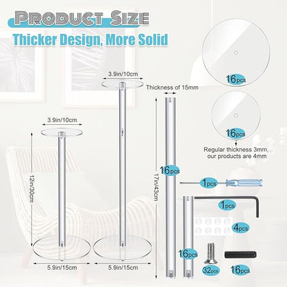 Beeveer 16 Pcs Acrylic Hat Stand 12" to 17" Adjustable Clear Wig Display Rack Nonslip Round Barbell Base Hat Rack Decorative Hat Holder Wig Stand Holder for Hats Watch Jewelry Storage Table (Thicker)