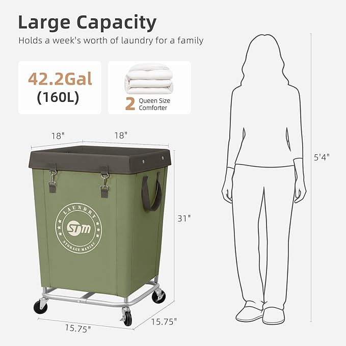 STORAGE MANIAC Commercial Laundry Hamper with Heavy Duty Steel Frame, 160 L Industrial Laundry Basket Cart with Wheels for Hotel, Home, Laundry Room, 18''L x 18''W x 31''H, Medium Green