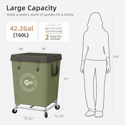 STORAGE MANIAC Commercial Laundry Hamper with Heavy Duty Steel Frame, 160 L Industrial Laundry Basket Cart with Wheels for Hotel, Home, Laundry Room, 18''L x 18''W x 31''H, Medium Green