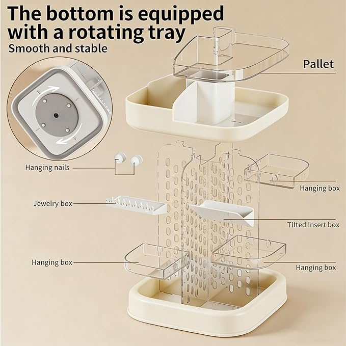 360 Spinning Rotating Makeup Organizer for Vanity with Adjustable Trays Lipstick Earring Storage Makeup Desk Storage Carousel Rack, Cosmetic Display Cases for Dresser Bathroom Holder (Cream)
