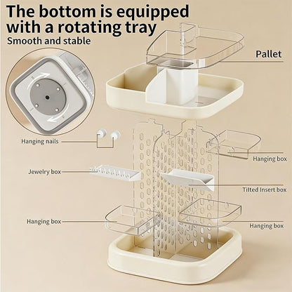 360 Spinning Rotating Makeup Organizer for Vanity with Adjustable Trays Lipstick Earring Storage Makeup Desk Storage Carousel Rack, Cosmetic Display Cases for Dresser Bathroom Holder (Cream)