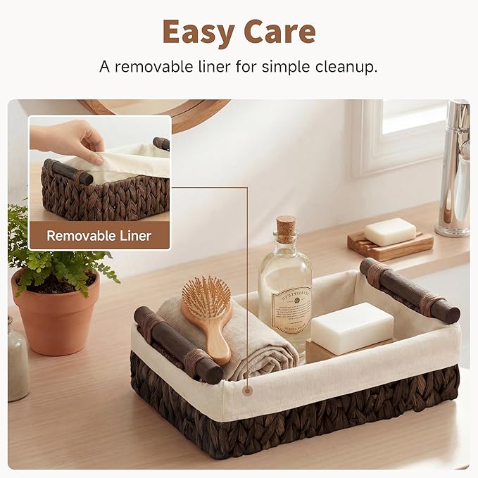 StorageWorks Small Baskets for Organizing with Wooden Handles and Liner, Wicker Toilet Paper Baskets for Back of Toilet Basket, Brown Water Hyacinth Bathroom Basket Organizer and Storage, 2 Pack