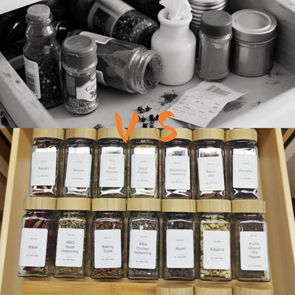 Spice Drawer Organizer with 28 Bamboo-lidded Spice Jars and 216 Labels,Non-slip Rubber, Bamboo 4 Tier Spice Racks Tray Seasoning Containers for Kitchen Drawers,Cabinets,13" Wide * 15.8" Deep