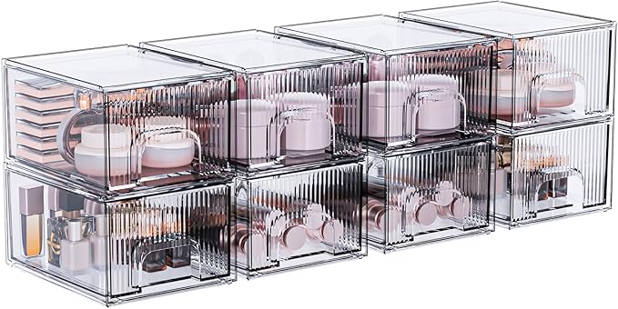 ZHIAI 8 Pack Clear Stackable Storage Drawer, Acrylic Drawer, Cosmetic Organizer, Plastic Organizer for Dresser, Under, Kitchen Cabinet, Pantry, Home Organization and Storage
