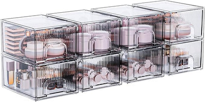 ZHIAI 8 Pack Clear Stackable Storage Drawer, Acrylic Drawer, Cosmetic Organizer, Plastic Organizer for Dresser, Under, Kitchen Cabinet, Pantry, Home Organization and Storage