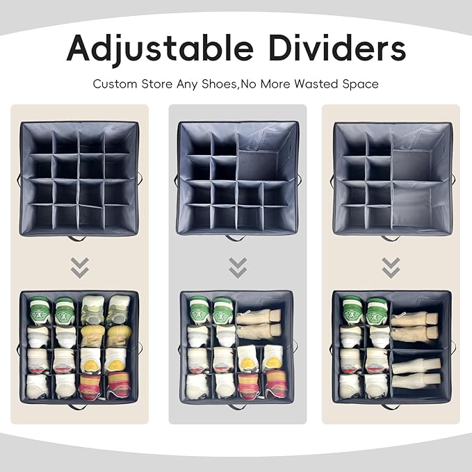 Adjustable Dividers Shoe Organizer Box 2 Pack – Clear Cover Shoe Storage Organizer for Closet, Holds 16-32 Pairs, Breathable Fabric, Foldable, Stackable, Perfect for Boots Sneakers Heels
