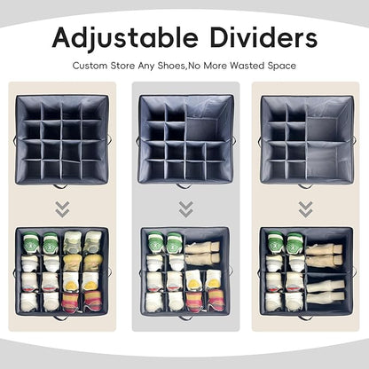 Adjustable Dividers Shoe Organizer Box 2 Pack – Clear Cover Shoe Storage Organizer for Closet, Holds 16-32 Pairs, Breathable Fabric, Foldable, Stackable, Perfect for Boots Sneakers Heels