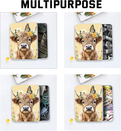 Metal Tin Box with Lid for Game Cards Home Organizer Candles Keys Crafts Storage - Equipped with 4 Magnetic Cord Clips，Cute Cow Butterfly