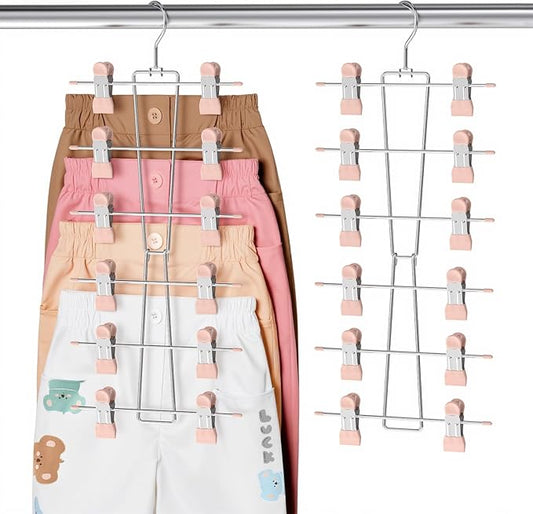 DOIOWN 6-Tier Baby Hangers with Clips - Space Saving Kids Pants Hangers for Babies & Kids Pant,Clothe,Adjustable Toddler Clothes Hanger for Newborn Children Closet Organization Pink 2Pack