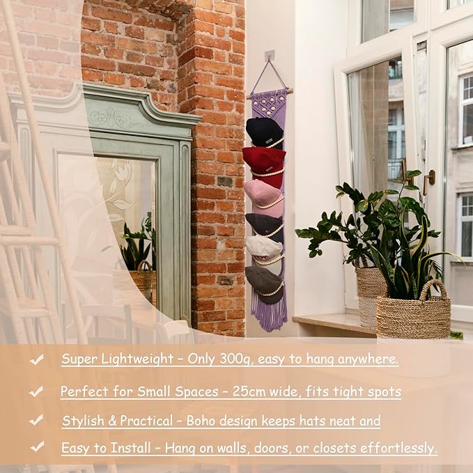 jontell Ball Cap Hanger-1 Pack-Boho Macrame Cap Holder Wall Hat Organizer for Baseball Cap Holder Over Door, Hat Rack for Wall, Cap Rack for Decoration and Display(purple)