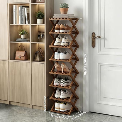 Narrow Shoe Rack, Foldable Bamboo Shoes Shelf for Small Spaces, Multifunctional Vertical Shoe Organizer Tall for Entryway, Closet, Corner, Bedroom, Hallway (Brown, 8 Layers)