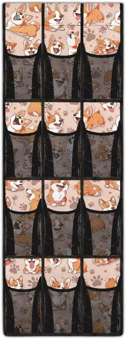 Cute Corgi Door Hanger Organizer Mesh Fabric Behind Door Organizer for Closet 12 Pockets Shoe Holder Hanger Space Saving Wall Hanging Storage for Kids Room