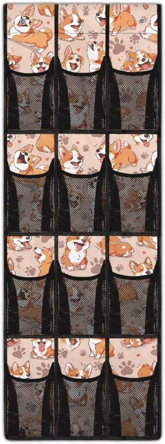 Cute Corgi Door Hanger Organizer Mesh Fabric Behind Door Organizer for Closet 12 Pockets Shoe Holder Hanger Space Saving Wall Hanging Storage for Kids Room
