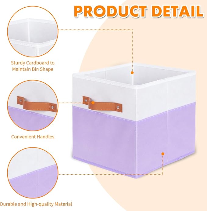 ShellKingdom Storage Bins, Two-Tone Foldable Fabric Storage Cubes with Leather Handle for Closet Toys Clothes Storage Organizer Drawer, 10.5 X 10.5 X 11 inch, 2 Pack (White/Lavender)