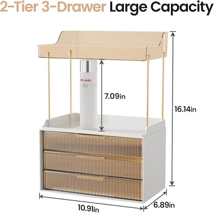 Delamu Bathroom Organizers and Storage, 2 Tier 3 Drawer Makeup Organizer Countertop, Easy to Install, Ideal for Bathroom Counter, Vanity, Ideal Gifts for Women Girls, Amber