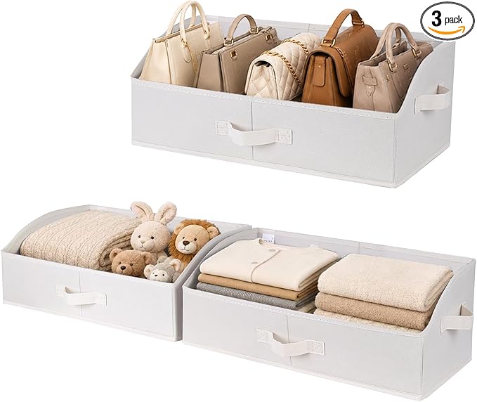 WUIKE 3 Pack Extra Large Closet Storage Bins with Handles, Fabric Trapezoid Storage Binsr for Organizing Clothes, Sheets, Blankets, White & Beige