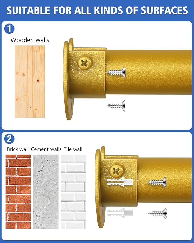 Closet Rods for Hanging Clothes - Heavy Duty, Length Adjustable (#1 Gold, 66.5" - 76")