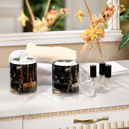 2 Pack Black Cat Gothic Qtip Cotton Ball Holders Dispenser with Lid, Plastic Jars Bathroom Canisters Storage Organizer