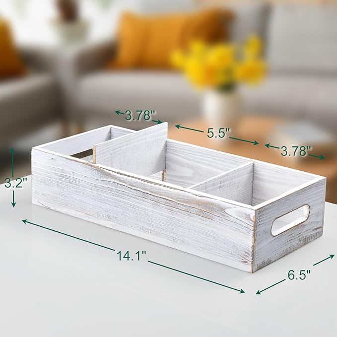 14 Inch Farmhouse White Bathroom Basket with Removable Dividers - 3 Comparments Wood Toilet Paper Basket for Back of Toilet Tank Topper - White Storage Organizer for Bathroom Pantry Organization