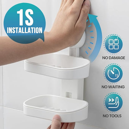 TAILI Soap Holder Soap Dish for Shower, Suction Cup Soap Holder for Shower Wall, Bathroom Accessories, Removable Strong Hold Soap Saver, Drill Free, White 2 Layer