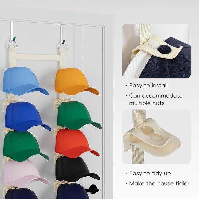 Hat Rack for Door, Adjustable Hat Organizer for Baseball Caps with 2 Straps & 20 Clips Holds 40 Caps, No-Drill Over-the-Door Hat Rack, Hat Storage for Bedroom Closet, Entryway, Home,Beige