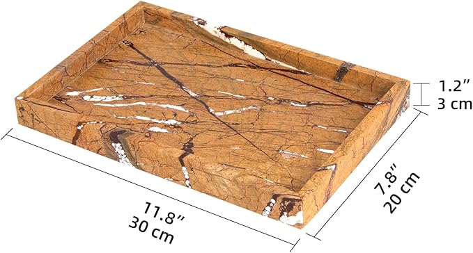 Marble Bathroom Vanity Tray, Natural Luxury Vanity Home Kitchen Bathroom Table Tray, Stone Decorative Countertop Dresser Trays for Key Coffee Perfume Jewelry Makeup (Rainforest Brown, 12"x 8" x1.2")