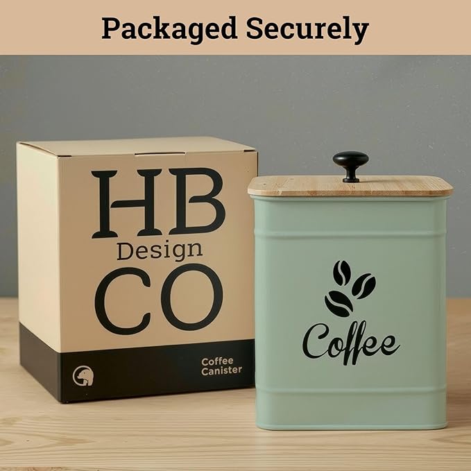 Airtight Coffee Canister - 40 oz Large Iron Sage Green Container Airtight - 6 x 8 inch Metal Jar - Stylish Countertop Container for Coffee Grounds, Beans & Pods with Rubber-Lined Bamboo Lid