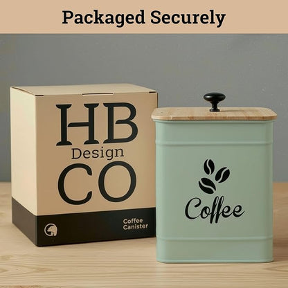 Airtight Coffee Canister - 40 oz Large Iron Sage Green Container Airtight - 6 x 8 inch Metal Jar - Stylish Countertop Container for Coffee Grounds, Beans & Pods with Rubber-Lined Bamboo Lid