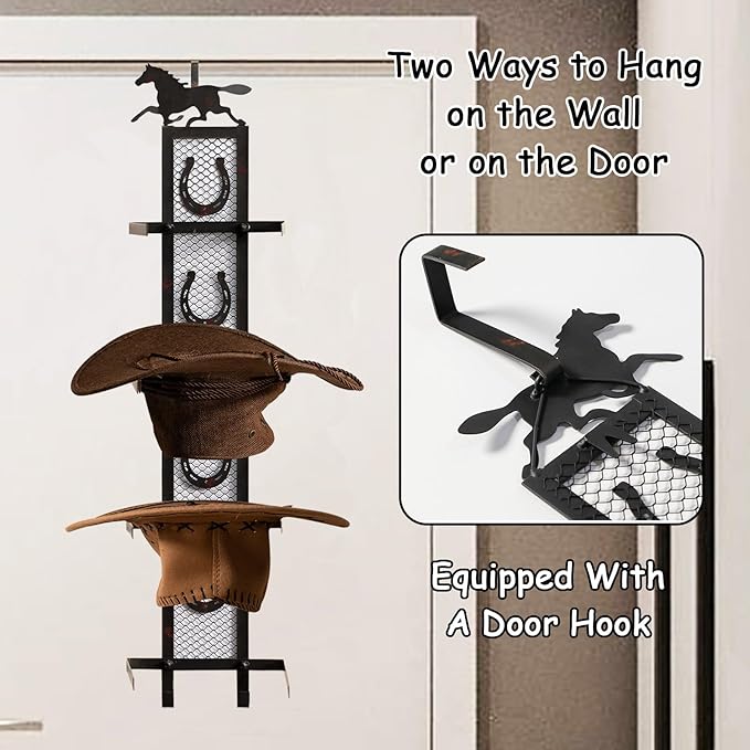 Cowboy Hat Holder for Wall, Metal Horseshoe Cowboy Hat Rack for 4 Hats, Rustic Vertical Western Hat Rack Wall Mount - Vintage Decorative Cowboy Hat Hanging Hanger with Hook