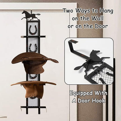 Cowboy Hat Holder for Wall, Metal Horseshoe Cowboy Hat Rack for 4 Hats, Rustic Vertical Western Hat Rack Wall Mount - Vintage Decorative Cowboy Hat Hanging Hanger with Hook