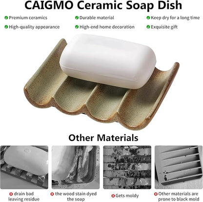 Soap Dish with Drainage, Ceramic Soap Bar Holder Tray for Shower Decorative Square Soap Saver for Bathroom Sink, Kitchen and Countertop White, Retro Green 1 Pcs