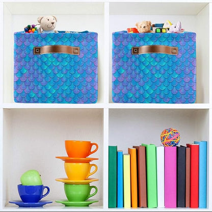 Blue Mermaid Scale Storage Baskets,Decorative Collapsible Rectangular Canvas Fabric Storage Bin for Home
