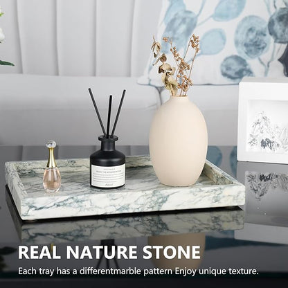 Real Natural Marble Tray for Bathroom, Vanity, Kitchen and Desktop, Rectangle Genuine Marble Stone Tray for Jewelry, Cosmetics, Candles, Lotion, Perfume (Cyan-Green, 12" x 8" x 1.2")
