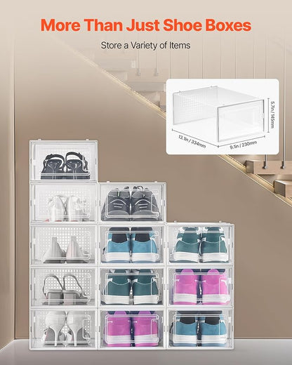 VEVOR Shoe Storage Boxes, 12 Pack Stackable Shoe Boxes Storage Organizers, Fit up to US Size 11, Plastic Modular Space Saving Sneaker Containers for Storing High Heels, Boots, and Hats, White Frame