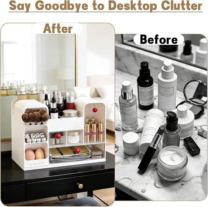 Makeup Organizer for Vanity with Brush Holder, Large Cosmetic & Skincare Organizer Countertop with Muti-Drawers, Cosmetic Display Case for Lipsticks, Nail Polishes, Perfumes, Eyeshadow (white)