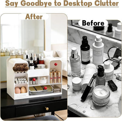 Makeup Organizer for Vanity with Brush Holder, Large Cosmetic & Skincare Organizer Countertop with Muti-Drawers, Cosmetic Display Case for Lipsticks, Nail Polishes, Perfumes, Eyeshadow (white)
